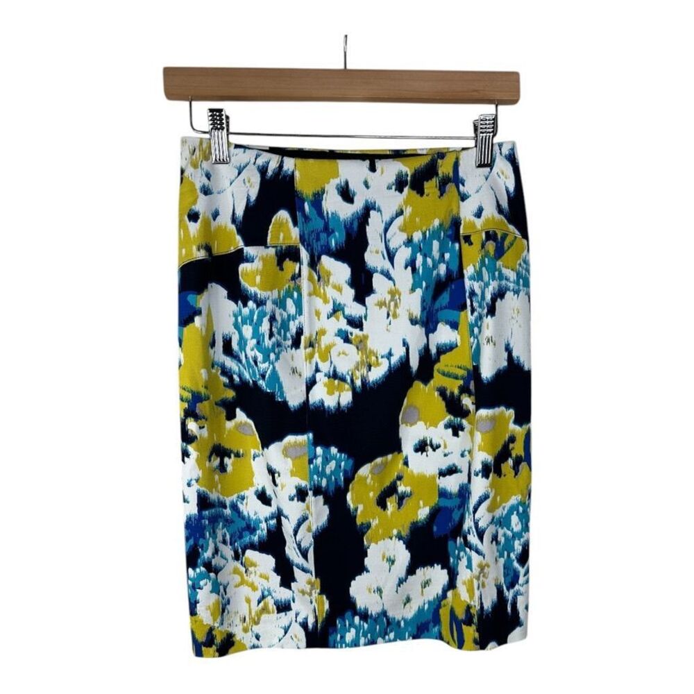 Lysse Charity Pencil Skirt Women's Navy Yellow Abstract Floral Elastic Waist S‎